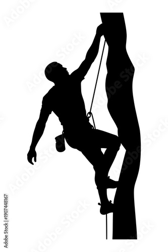 Silhouette of determined athlete ascending steep rock face using rope equipment