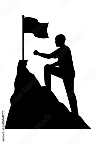 Silhouette of determined climber achieving summit success planting a flag proudly