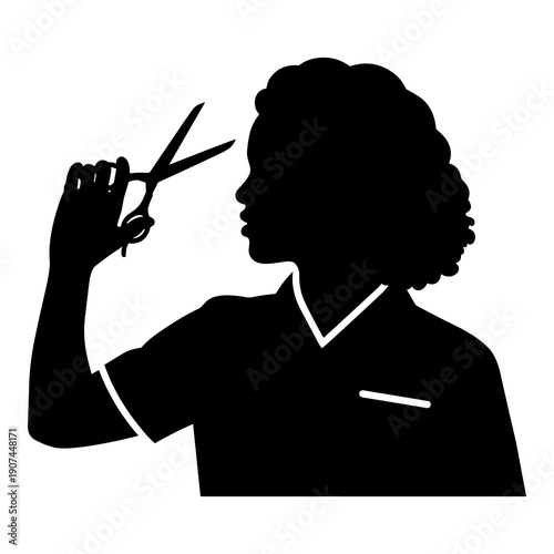 Silhouette of female hairdresser holding sharp scissors ready to cut hair