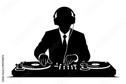 Silhouette of professional disc jockey mixing music using turntables and headphones