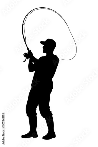 Fisherman silhouette actively casting rod during intense sport fishing activity