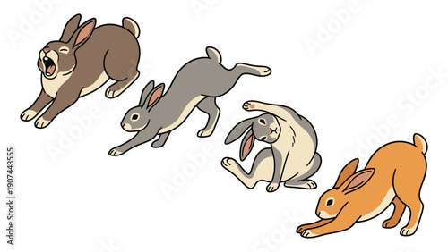 Set of Cute Cartoon Rabbits Stretching and Yawning on White Background