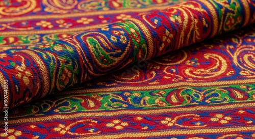 Detailed view of richly textured, traditional South Asian woven material showcasing intricate patterns and brilliant colors used for cultural clothing, structure, apparel, textile
