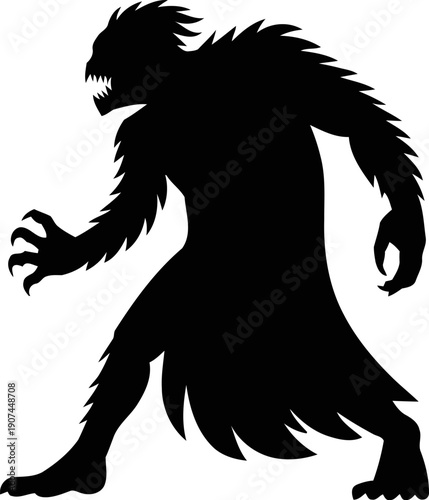 Werewolf monster black silhouette vector illustration, scary fantasy creature with sharp claws and teeth, isolated on white