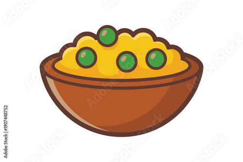 A cartoon illustration of a brown bowl filled with yellow food and green peas on a white background