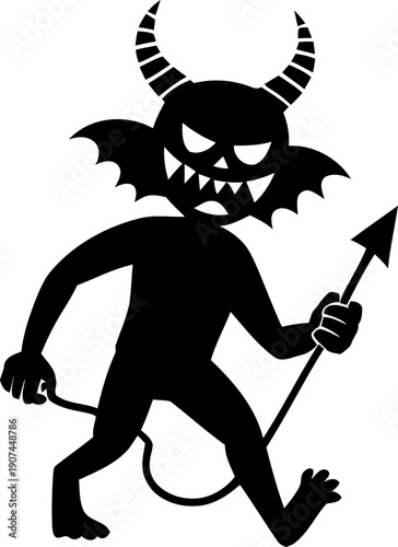 Black vector devil silhouette with horns and pitchfork, cartoon imp character, isolated on white