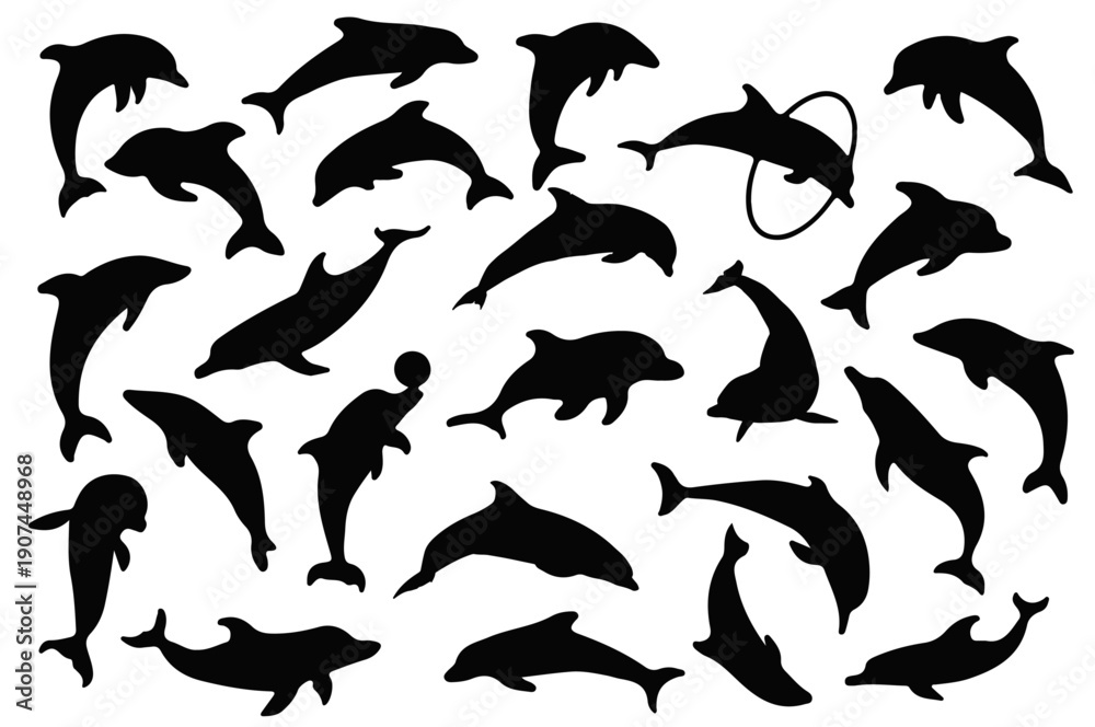 Obraz premium Dolphin Silhouette Collection: An artistic composition showcases a stunning array of playful dolphin silhouettes, each dynamically posed, creating a visually captivating display.