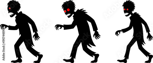 Zombie silhouette vector illustration with red glowing eyes, walking monster character for Halloween, isolated on white