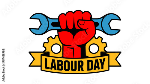 A Labour Day icon featuring a raised fist holding a wrench with gears on a yellow banner