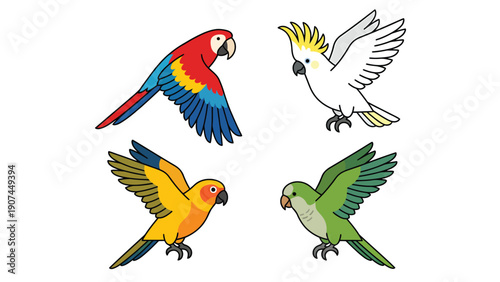 Colorful Flying Parrots Vector Set: Macaw, Cockatoo, Conure, and Parakeet Illustrations