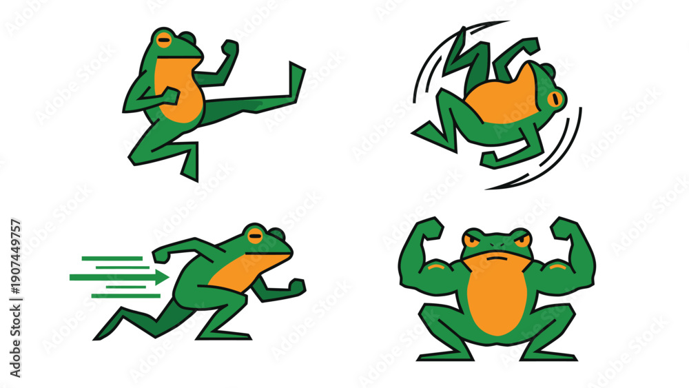 Naklejka premium Vibrant Cartoon Frog Actions: Kicking, Spinning, Running, and Strong Muscles