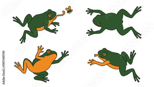 Cartoon Frogs Set: Green and orange amphibians in various action poses like jumping, catching a fly, resting, and running. Vector illustration.