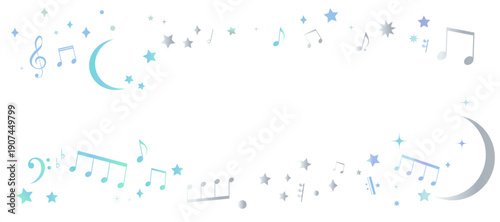 星と月を散りばめた夜空をイメージした音符のフレームイラスト　ブルー　背景イラスト