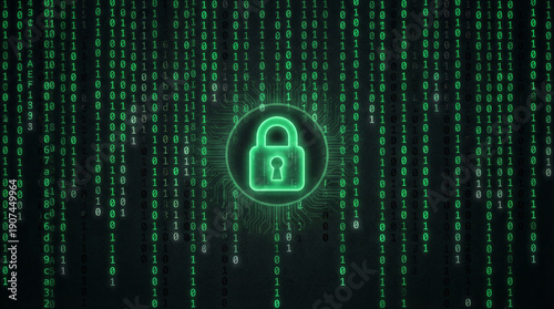 A dark green and black digital rain of binary code and hex symbols falling vertically, with a subtle glowing padlock icon in the center.