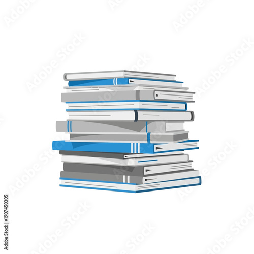 A neatly illustrated stack of various books in blue and grey tones, symbolizing education, knowledge, and the pursuit of continuous learning, perfect for academic or literary projects and resources