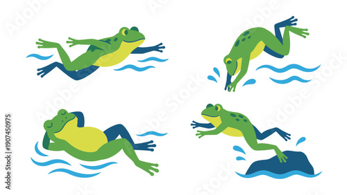 Set of Cartoon Green Frogs: Swimming, Diving, Jumping, and Relaxing in Water. Amphibian Activities