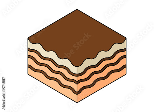 A vector graphic illustration of a layered cake with chocolate frosting
