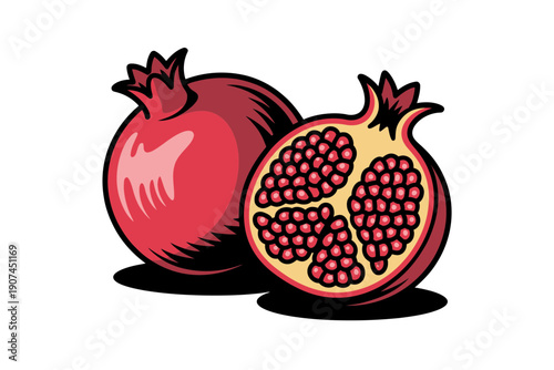 A vibrant illustration of two pomegranates, one whole and one cut open, showcasing its juicy seeds in a colorful and stylized design.