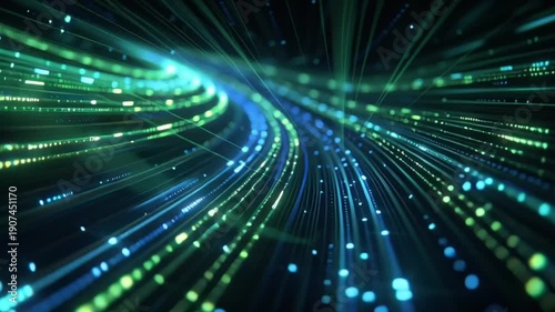 Abstract digital data stream with glowing particles.