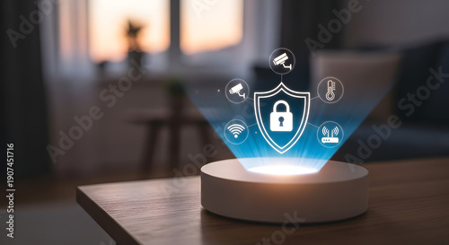 Smart home hub device with security hologram in living room