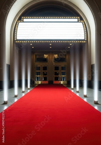 Grand entrance to a movie theater featuring a luxurious red carpet leading up to the large doors under bright illumination, classic, entrance, cinema