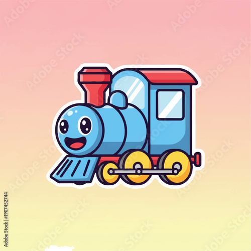 Blue Cartoon Train with Smiling Face.