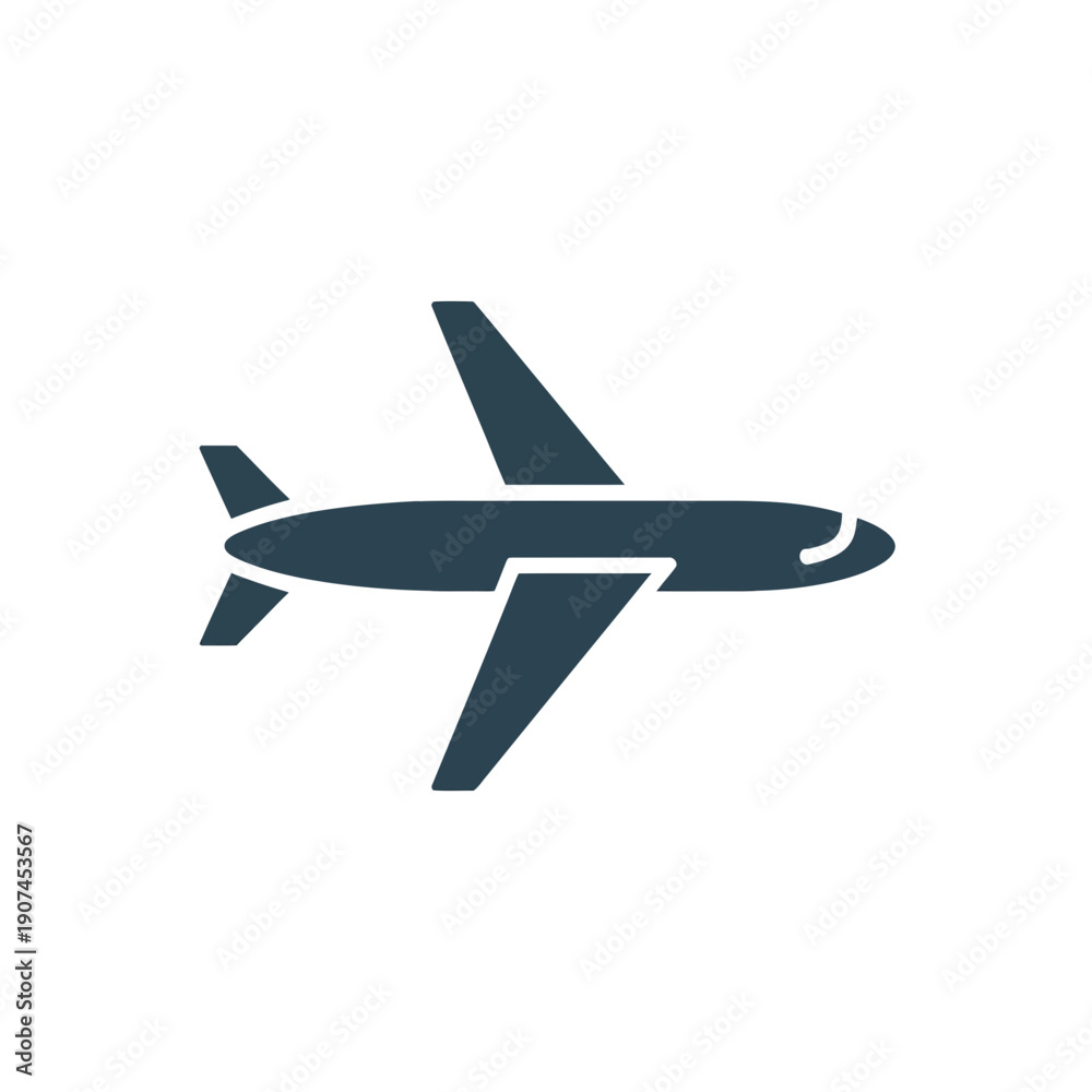 Obraz premium A minimalist vector graphic of an airplane in flight with a dark blue silhouette on a white background