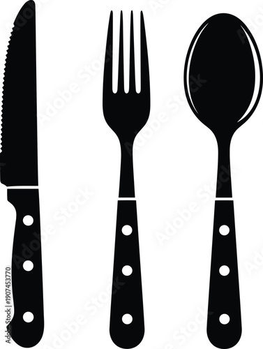 Set of black cutlery silhouettes including serrated knife, fork, and spoon, dining utensils for restaurant menu design isolated on white.