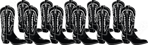 Set of black cowboy boot silhouettes with decorative white stitching patterns in a repeating row for western american country fashion