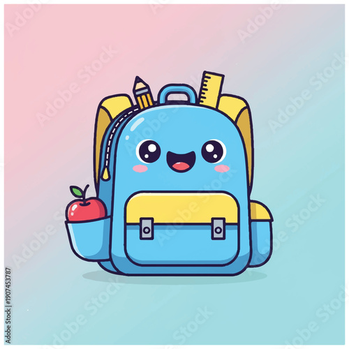 Cartoon Backpack with Smiling Face and School Supplies.