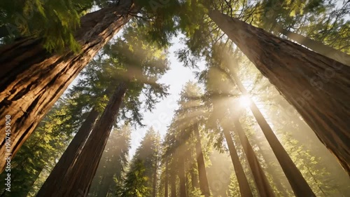Sunlight filters through the tall trees in a serene forest, capturing the tranquility of nature from a low angle.