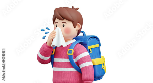 Child with backpack blowing nose with tissue