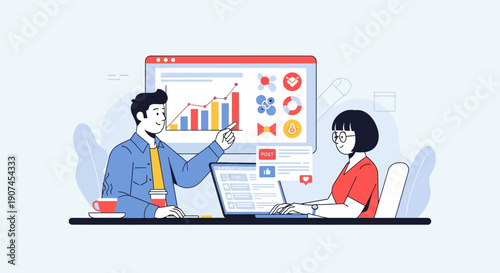 Two colleagues collaborate on a digital marketing project, analyzing data and optimizing online strategies for business growth.