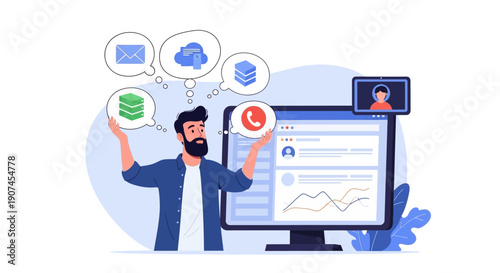 A modern professional effectively manages diverse digital services, including cloud data, email, and customer support, all integrated within an online dashboard.