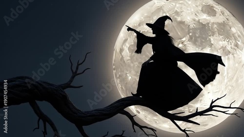 A silhouette of a witch sitting on a twisted tree branch, holding a broomstick, set against a large moonlit background. Perfect for Halloween, fantasy illustrations, and spooky decorations.