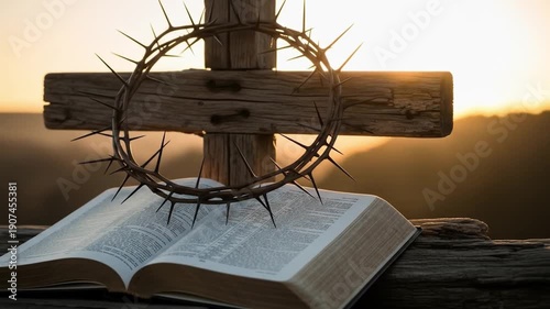 A rustic wooden cross with a crown of thorns on top of an open Bible, set against a serene sunset background. Perfect for religious, spiritual, and inspirational content.