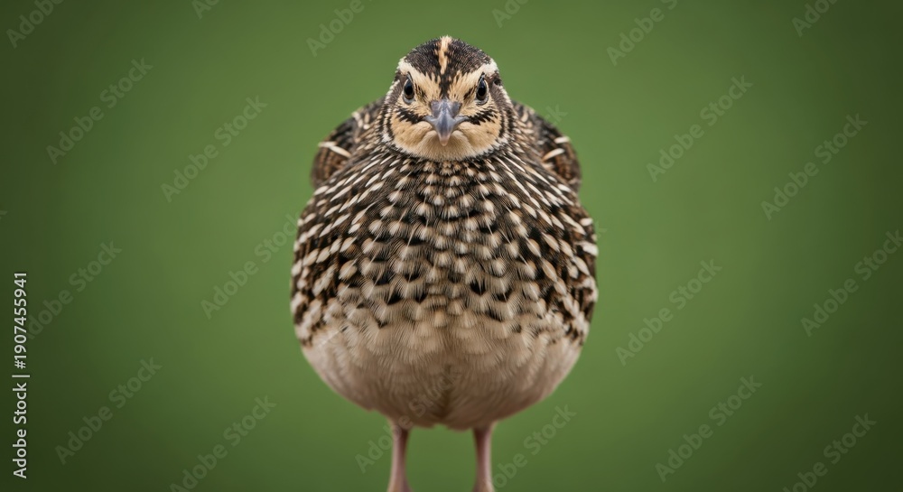 Fototapeta premium A small bird standing upright on a green background, viewed from the front with detailed feathers and a distinctive beak