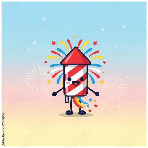 Cartoon Firework Character with Colorful Explosions.