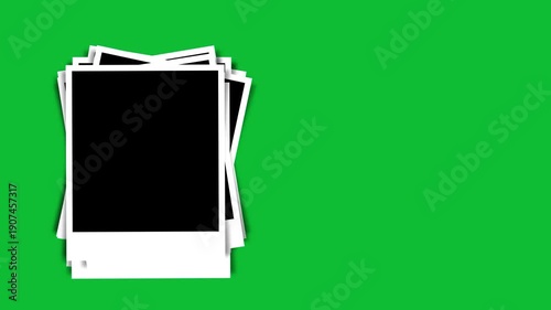 Blank polaroid photo frames stacking on the left side, isolated on green screen chroma background.