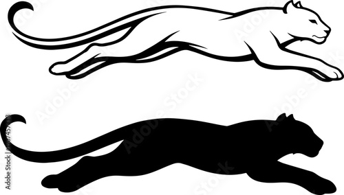 Running Panther Silhouette Illustration Black White Big Cat Jumping Wild Animal Speed Power Minimal Logo Design