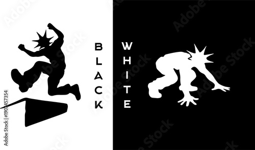 Skate Jump vs Crouch Silhouette Illustration Black White Urban Contrast Design for T Shirt Tattoo Stickers Mugs Streetwear