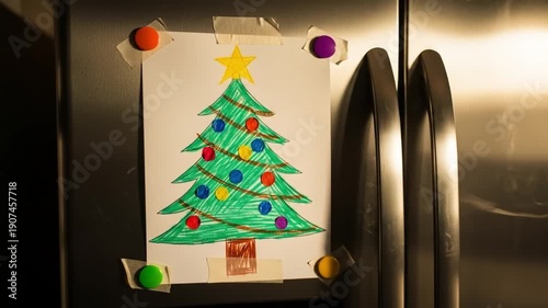 A child's drawing of a Christmas tree with colorful ornaments on a fridge door with magnets. Perfect for holiday, home decor, and seasonal content.