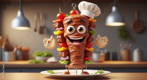 Funny Gyro Shawarma Kebab Character Wearing Chef Hat in Kitchen