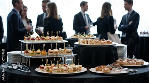 Catering table with assorted appetizers and people in suits blurred in the background