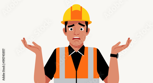 people of construction worker shrugging with confusion, hands raised in a gesture of uncertainty, expressing 'I don't know' or helplessness.