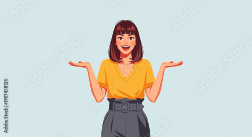 people of young woman shrugging with a cheerful smile and open hands, expressing lighthearted uncertainty or a casual 'I don't know' attitude.