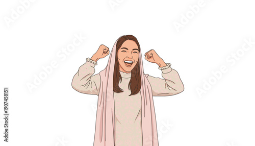 people of jubilant Muslim woman in a hijab raising her fists and cheering loudly, expressing pure joy and triumphant success.