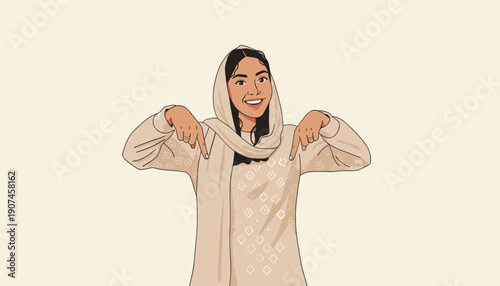 people of cheerful Muslim woman in a hijab pointing both index fingers downwards, confidently indicating a direction or a call to action.
