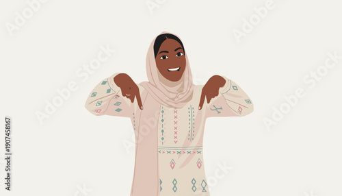 people of beautiful Muslim woman with darker skin in a hijab pointing both fingers downwards, providing clear guidance or a call to action.