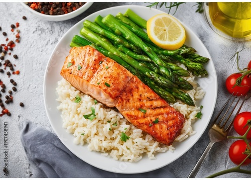 Baked salmon fish steak with asparagus fried rice and lemon slice top view